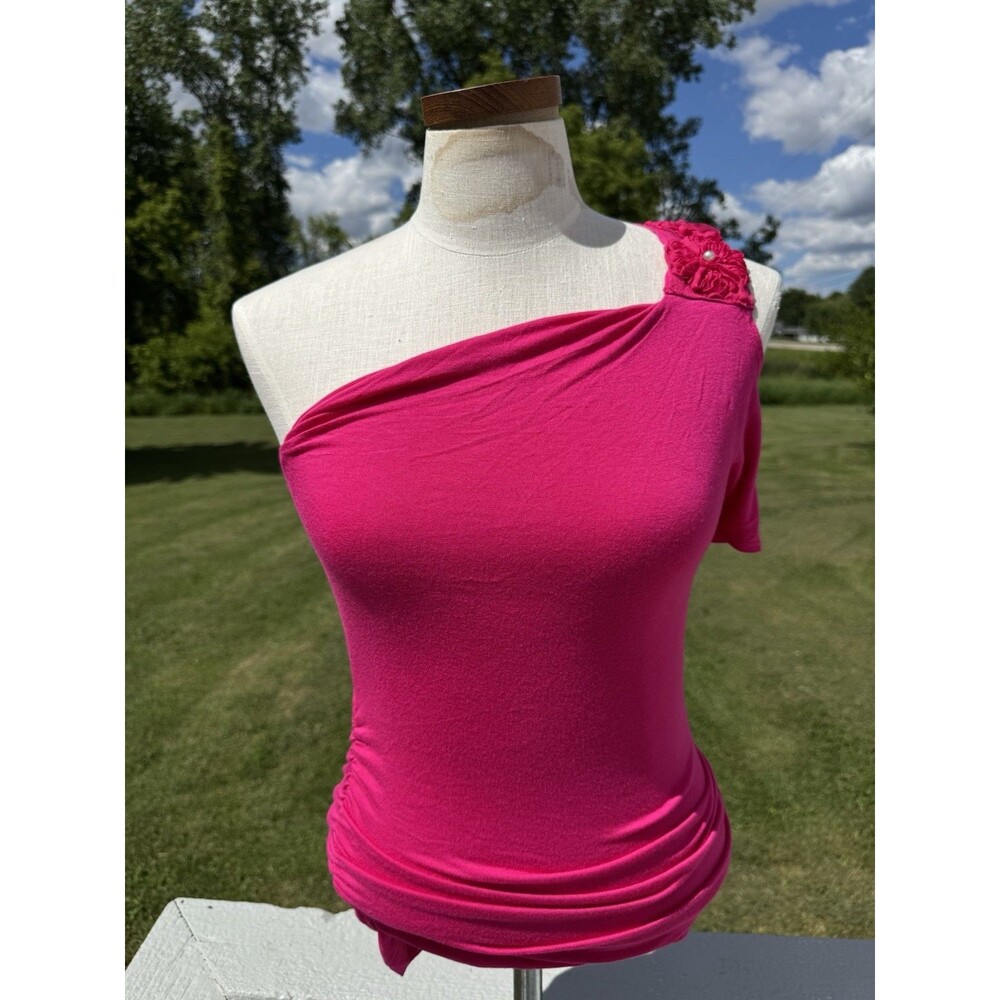 Misope Vintage Y2K One Shoulder Top Fuchsia Pink Pearl Ruched Barbie Medium
